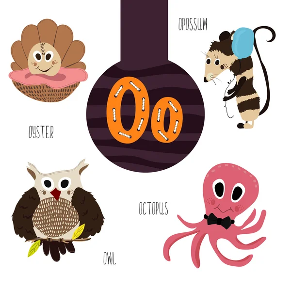 Fun animal letters of the alphabet for the development and learning of preschool children. Set of cute forest, domestic and marine animals with the letter o. Vector illustration — Διανυσματικό Αρχείο