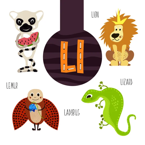 Letras animales divertidas del alfabeto para el desarrollo y el aprendizaje de los niños en edad preescolar. Conjunto de lindos animales forestales, domésticos y marinos con la letra l. Ilustración vectorial — Vector de stock
