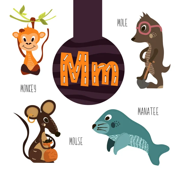 Fun animal letters of the alphabet for the development and learning of preschool children. Set of cute forest, domestic and marine animals with the letter m. Vector illustration — 图库矢量图片