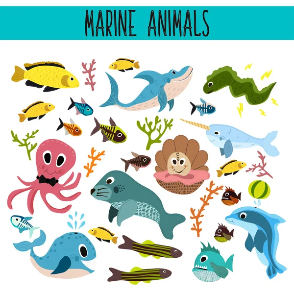 Cartoon Set of Cute sea Animals and living underwater in the waters of the seas and oceans .Shark, fish, piranha, octopus, mallusk, manatee, whale, Dolphin, narwhal, corals and algae. Вектор — стоковый вектор