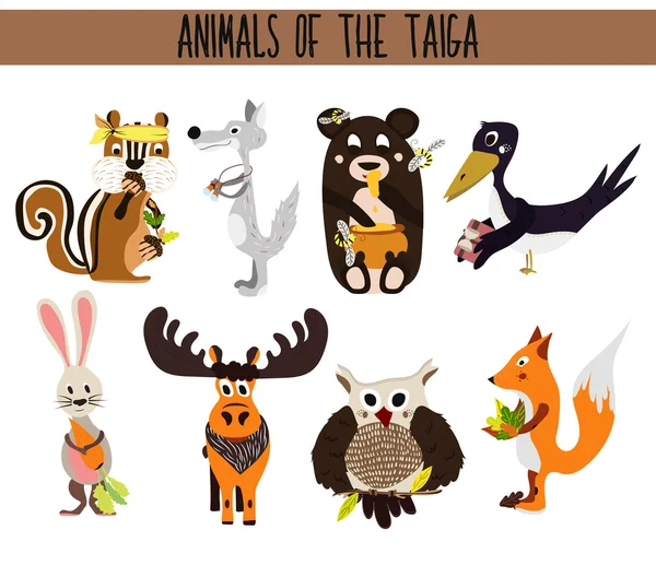 Conjunto de desenhos animados bonitos Animais aves que vivem em taiga. Coruja, raposa, lebre, alce, urso, corvo, esquilo e lobo. Vetor —  Vetores de Stock