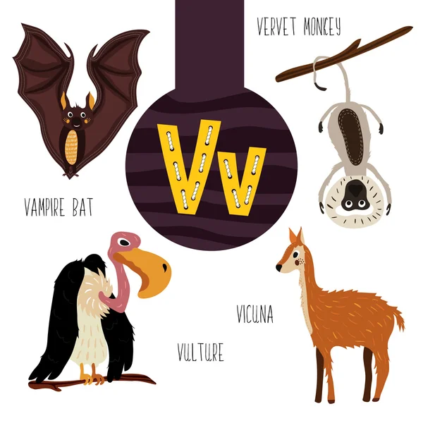 Fun animal letters of the alphabet for the development and learning of preschool children. Set of cute forest, domestic and marine animals with the letter v. Vector Royalty Free Stock Vectors