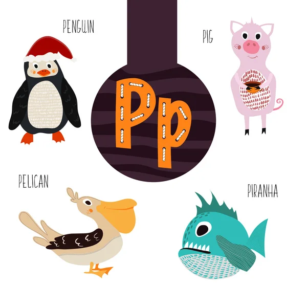 Fun animal letters of the alphabet for the development and learning of preschool children. Set of cute forest, domestic and marine animals with the letter p. Vector illustration Vector Graphics