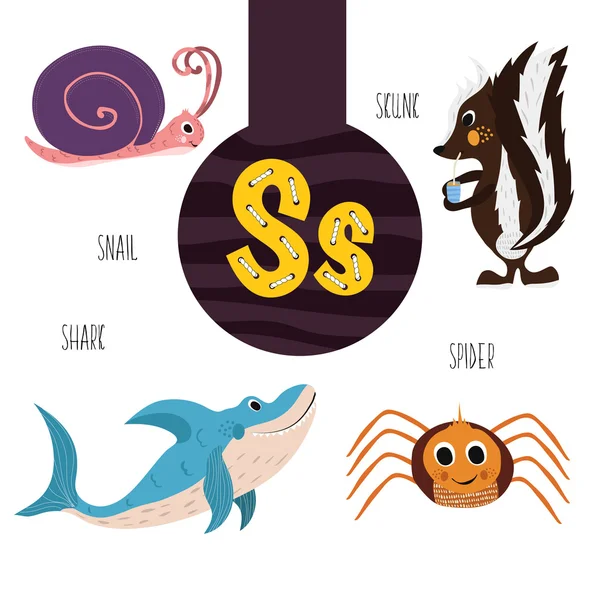 Fun animal letters of the alphabet for the development and learning of preschool children. Set of cute forest, domestic and marine animals with the letter s. Vector illustration Stock Illustration