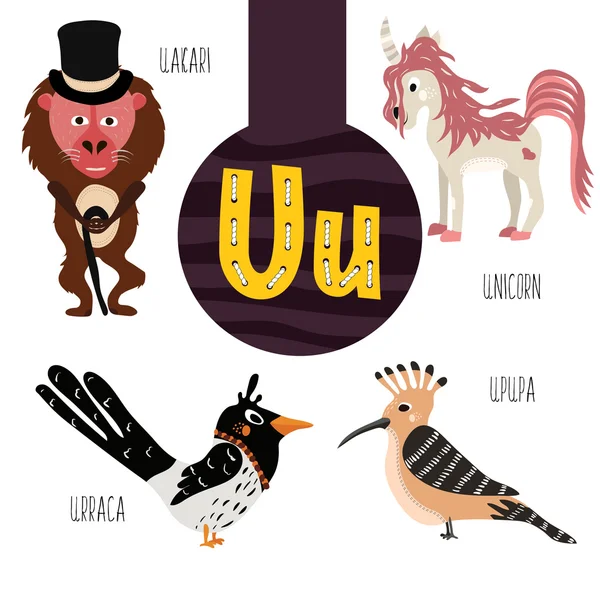 Fun animal letters of the alphabet for the development and learning of preschool children. Set of cute forest, domestic and marine animals with the letter u. Vector illustration Stock Illustration