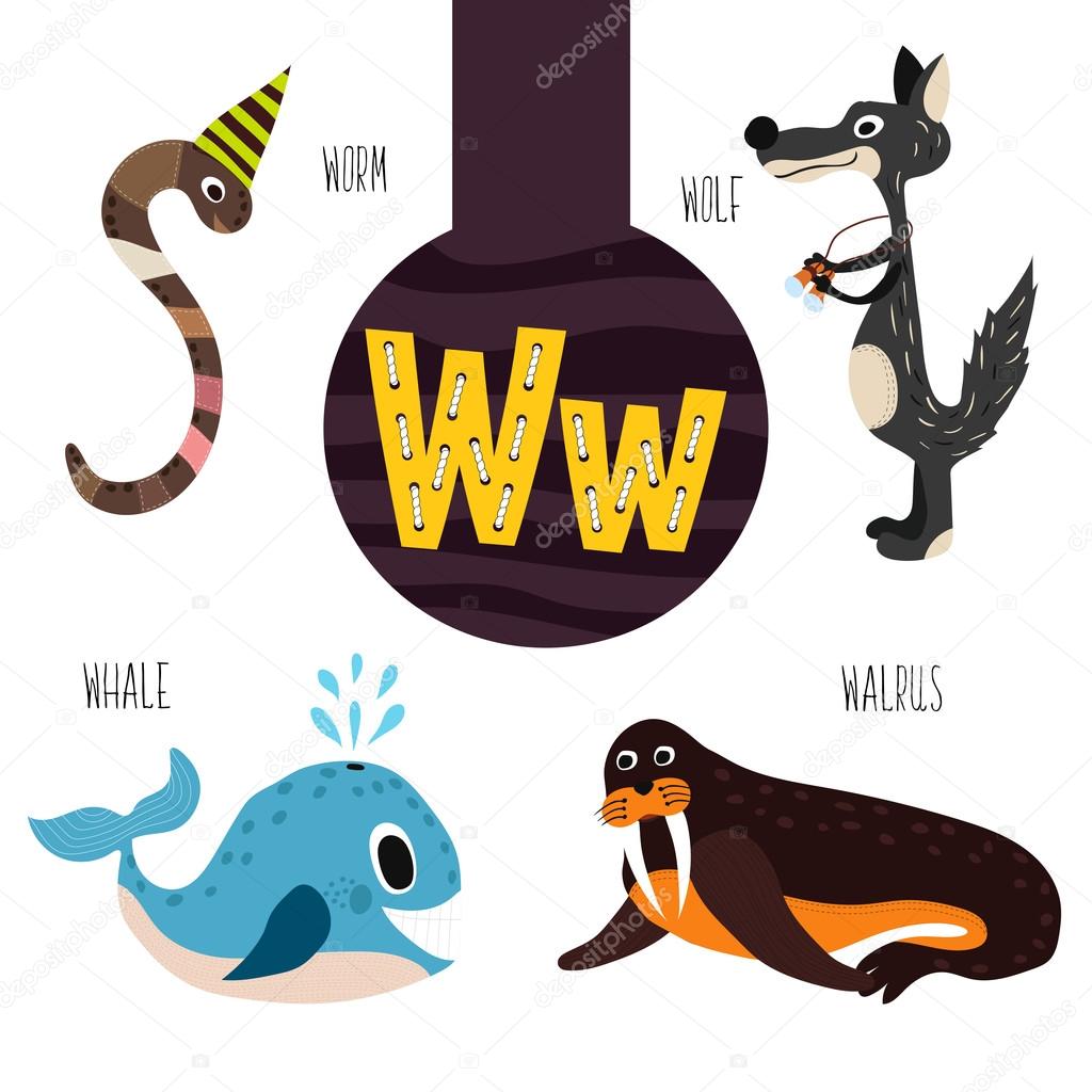Fun animal letters of the alphabet for the development and learning of preschool children. Set of cute forest, domestic and marine animals with the letter w. Vector