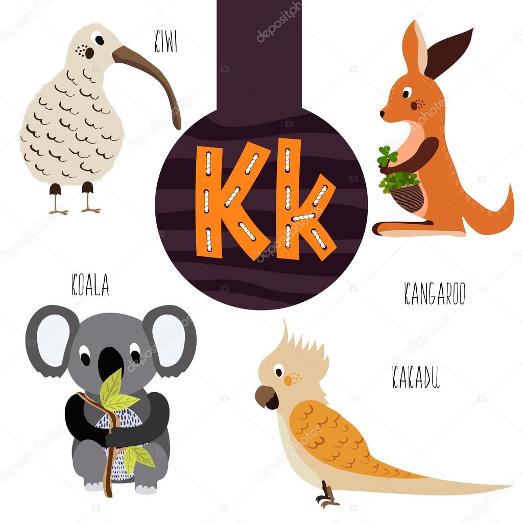 Fun animal letters of the alphabet for the development and learning of preschool children. Set of cute forest, domestic and marine animals with the letter k. Vector illustration