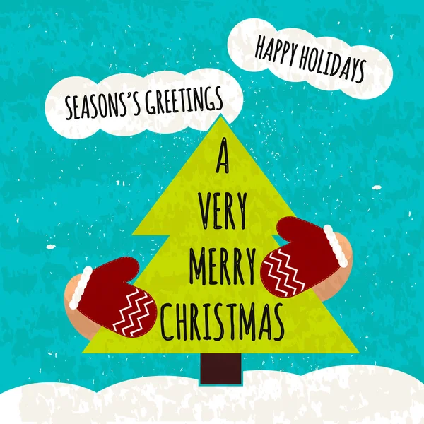 Poster tipografico colorato succoso con attributi dell'albero di Natale delle vacanze e guanti. Auguri di stagione. Volantino di Natale motivazionale riscaldante. Vettore — Vettoriale Stock