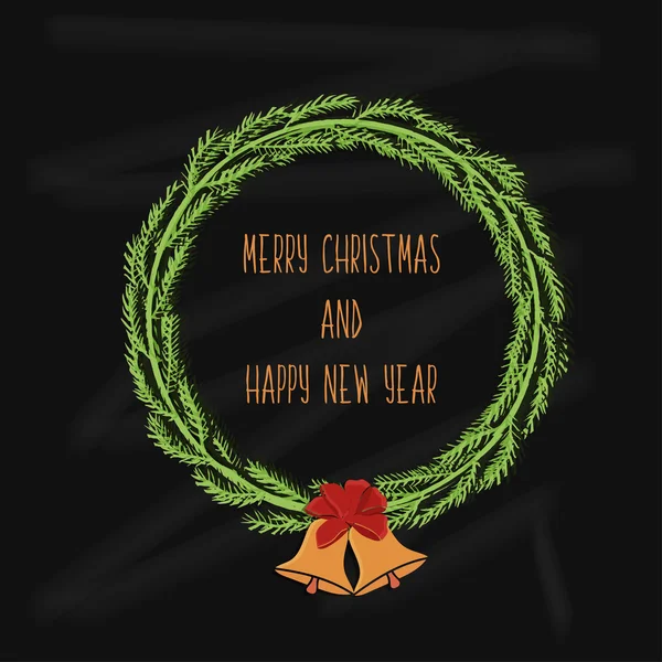 Cartel tipográfico colorido jugoso con una corona de Navidad sobre un fondo negro y deseos de una feliz Navidad y fiesta. Vector — Archivo Imágenes Vectoriales