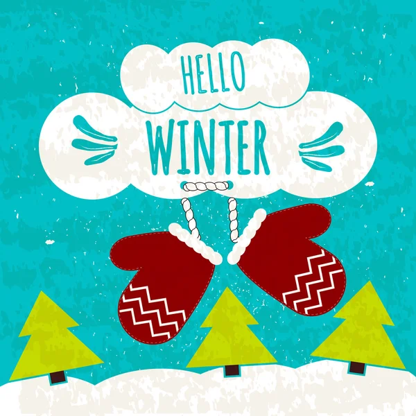 Cartaz tipográfico colorido suculento com símbolos de calor no frio de mitenes. Olá, inverno. A aquecer o panfleto de inverno. Vetor — Vetor de Stock