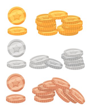 Renkli karikatür metal kaynakları, altın sikke, bronz ve gümüş mobil oyunlar ve tarayıcı tabanlı online uygulamalar tasarımı seti. 