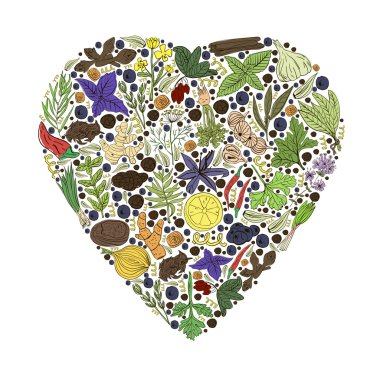 Hand drawn vector illustration of heart with spices and herbs