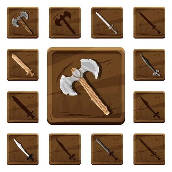 Set of colorful cartoon wooden icons with various types of weapons from different metals and materials for the design of mobile games and browser-based online applications. — Stock Vector