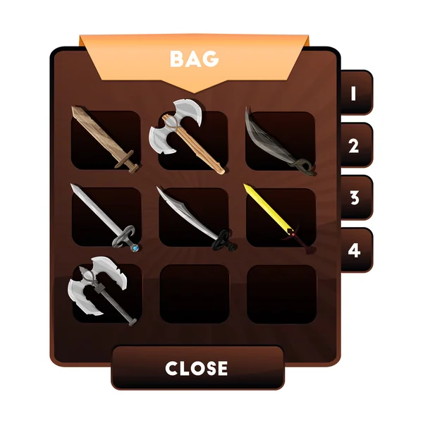 An example of the game window with the choice of weapons or other objects and resources in a backpack for computer games. 's bag of artifacts. — Stock Vector