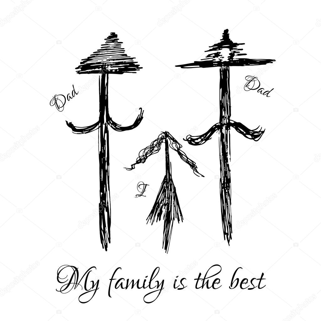 Vector illustration drawn by hand. Daddy, daddy and me happy family.