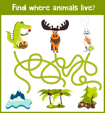 Fun and colorful puzzle game for children's development find where the elk, crocodile and white Bunny. Training mazes for preschool education. Vector