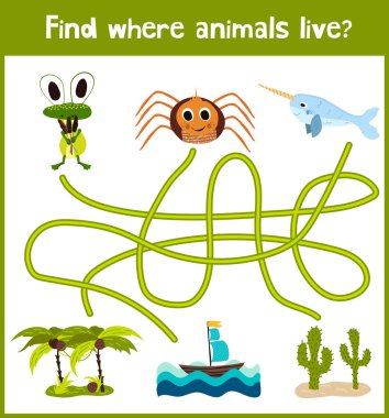 Fun and colorful puzzle game for children's development find where a spider, the narwhal and the frog. Training mazes for preschoolers. Vector clipart