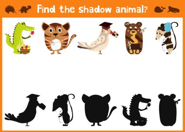 Mirror Image five different cute animals and a good Visual Game. Task find the right shadow image answer mirror.