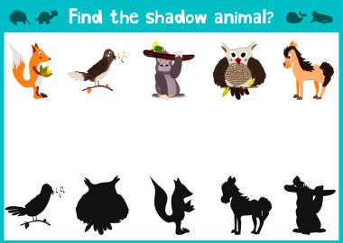 Mirror Image five different cute forest animals Visual Game. Task find the right answer black shadow animals
