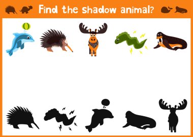 Mirror Image five different cute animals and a good Visual Game. Task find the right shadow image answer black.
