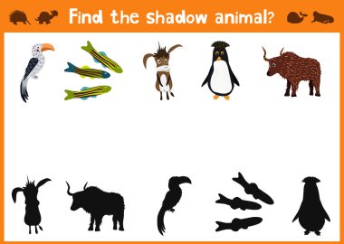 Mirror Image of five different animals good Visual Game. Task find the right answer black shadow animals. All images are isolated on a white background and you can move them