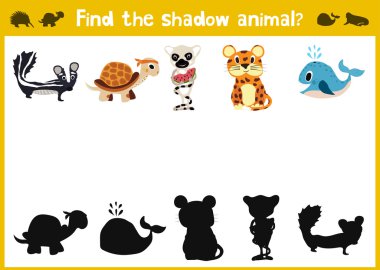 Mirror Image five different cute jungle animals Game Visual. Task find the right answer black shadow animals.