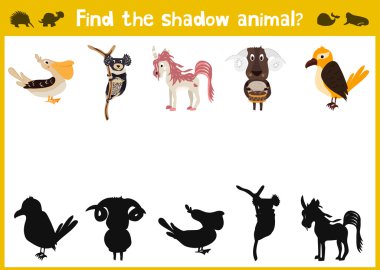 Mirror Image of five different animals a happy Visual Game. Task find the right answer black shadow animals.