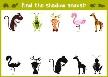 Cartoon Vector Illustration of Education Shadow Matching Game for Preschool Children find the shade for five animals. All images are isolated on a white background and can be moved. Vector
