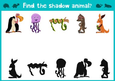 Mirror Image five different cute animals Game Visual. Task find the right answer black shadow animals.