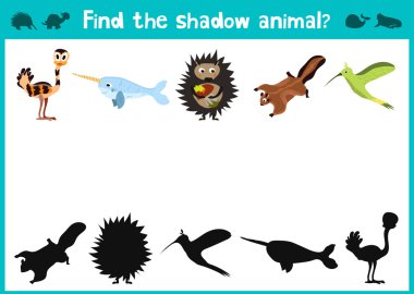 Mirror Image five different cute tropical animals Visual Game. Task find the right answer black shadow animals.