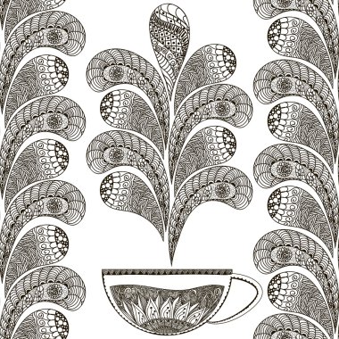 Hand drawn seamless pattern in doodle art style Black and white design for dining cards, branding, label, poster, banner, template tea . Vector