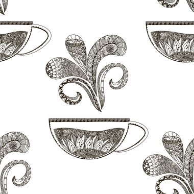 Hand drawn seamless pattern in doodle art style Black and white registration cards for beverages, branding, label, poster, banner, template tea . Vector