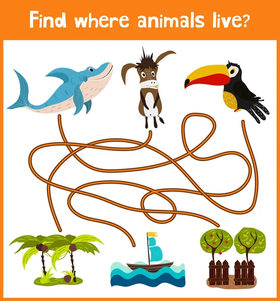 Brillante juego de puzzle educativo de dibujos animados para niños en edad preescolar y escolar. Dónde encontrar qué animales viven tiburón marino, burro casero y pájaro tucán. Vector — Vector de stock