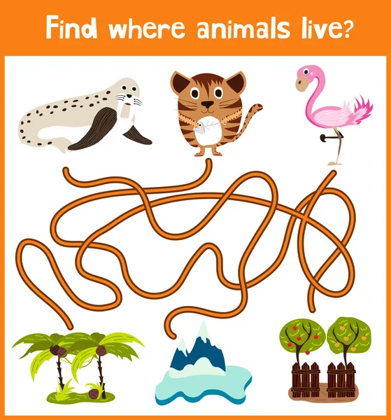 Spaß und bunte Puzzle-Spiel für die Entwicklung von Kindern finden, wo ein Walross, rosa Flamingos und ein Haustier-Kätzchen. Ausbildungslabyrinthe für Vorschulkinder. Vektor — Stockvektor