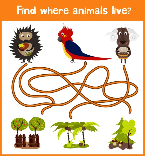 Divertente e colorato gioco di puzzle per lo sviluppo dei bambini trovare dove un pappagallo ara, una pecora e un riccio boscaiolo con funghi. Labirinti di formazione per l'istruzione prescolare. Vettore — Vettoriale Stock