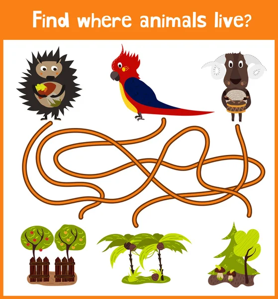 Fun and colorful puzzle game for children's development find where a macaw parrot, a sheep and a woodsman hedgehog with mushrooms. Training mazes for preschool education. Vector
