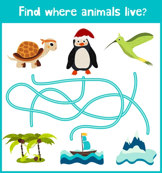 Fun and colorful puzzle game for children's development find where a penguin, a turtle, and Hummingbird. Training mazes for preschoolers. Vector — ストックベクタ