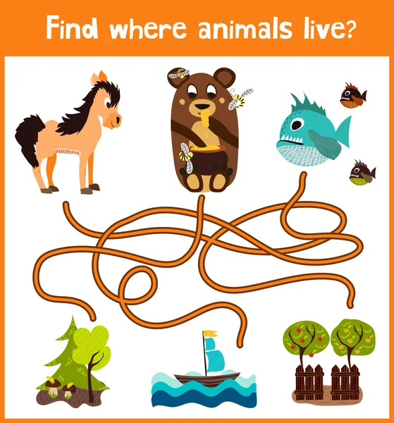 Divertido y colorido juego de puzzle para el desarrollo de los niños encontrar donde viven los animales. Laberintos de entrenamiento para preescolares. Vector — Vector de stock