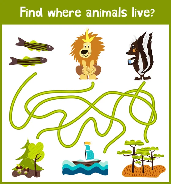 Divertente e colorato puzzle game per lo sviluppo dei bambini trovare dove pesci, puzzola e il leone il re delle bestie. Labirinti di formazione per l'istruzione prescolare. Vettore — Vettoriale Stock