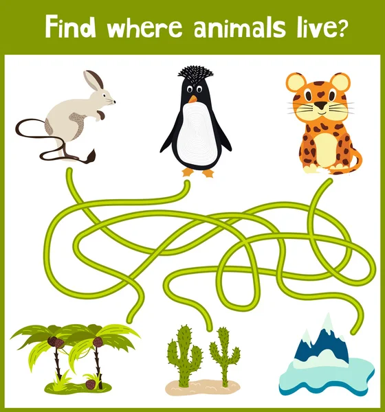 Fun and colorful puzzle game for children's development find where a penguin, a camel and a Jaguar. Training mazes for preschoolers. Vector — Διανυσματικό Αρχείο