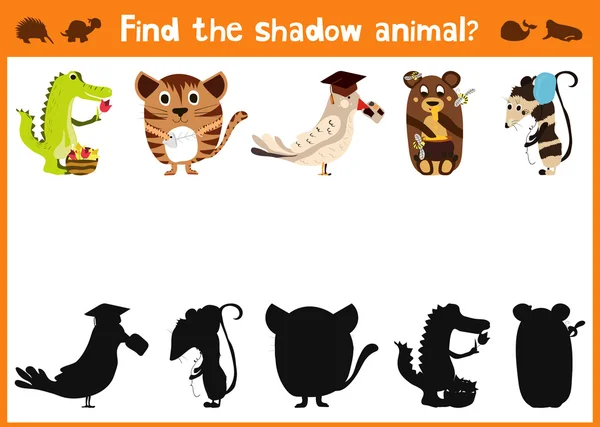 Spiegelbild fünf verschiedene niedliche Tiere und ein gutes visuelles Spiel. Aufgabe, das richtige Schattenbild zu finden. — Stockvektor
