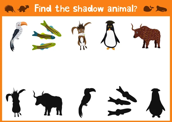 Mirror Image of five different animals good Visual Game. Task find the right answer black shadow animals. All images are isolated on a white background and you can move them — Stock Vector