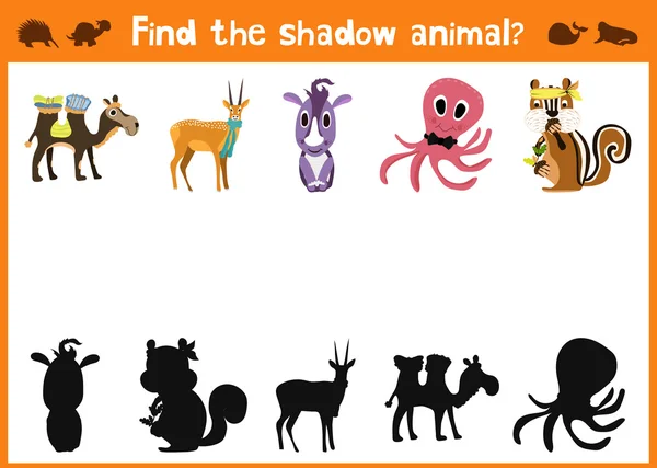 Spiegelbild fünf verschiedene niedliche Tiere und lustiges visuelles Spiel. Aufgabe findet die richtige Antwort Schwarze Schattentiere. — Stockvektor
