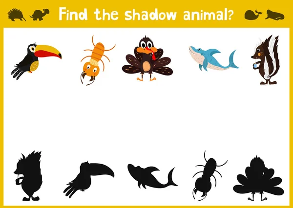Cartoon Vector Illustration of Education Gioco di abbinamento ombra per bambini in età prescolare hanno bisogno di trovare l'ombra per ogni animale. Tutte le immagini sono isolate su uno sfondo bianco e puoi spostarle — Vettoriale Stock
