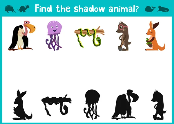 Imagem do espelho cinco animais bonitos diferentes Jogo Visual. Tarefa encontrar a resposta certa animais sombra negra . — Vetor de Stock