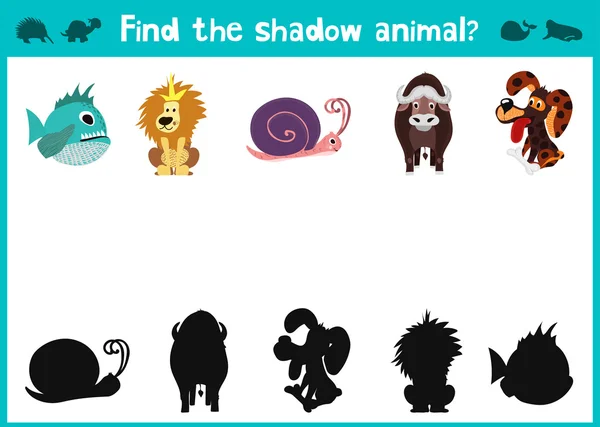 Mirror Image of five different animals happy and good Visual Game. Task find the right answer black shadow animals. All images are isolated on a white background and you can move them — Stok Vektör