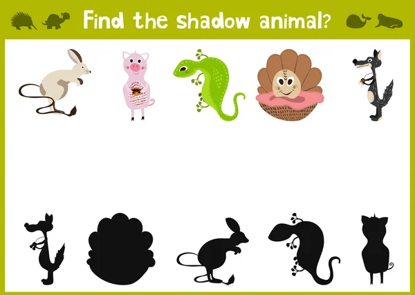 Dibujos animados Vector Ilustración de la educación Sombra juego que empareja para preescolar Los niños encuentran la sombra para cinco animales diferentes. Todas las imágenes están aisladas sobre fondo blanco. Vector — Vector de stock