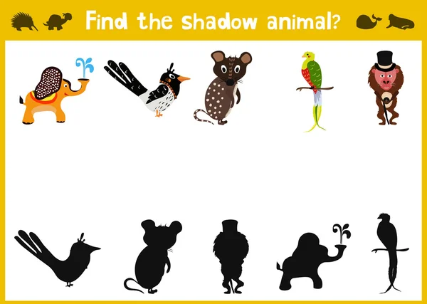 Cartoon Vector Illustration of Education Shadow Matching Game for Preschool Children need to find the shadow for each animal. All images are isolated on a white background and you can move them. Vecto — Wektor stockowy