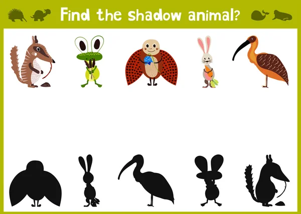 Dibujos animados Vector Ilustración de la educación Sombra juego que empareja para preescolar Los niños encuentran la sombra para cinco animales lindos. Todas las imágenes están aisladas sobre fondo blanco. Vector — Archivo Imágenes Vectoriales
