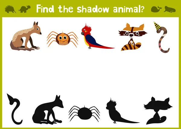 Dibujos animados Vector Ilustración de la educación Sombra que empareja el juego para los niños preescolares encontrar la sombra de cinco colores para los animales. Todas las imágenes están aisladas sobre fondo blanco. Vector — Vector de stock